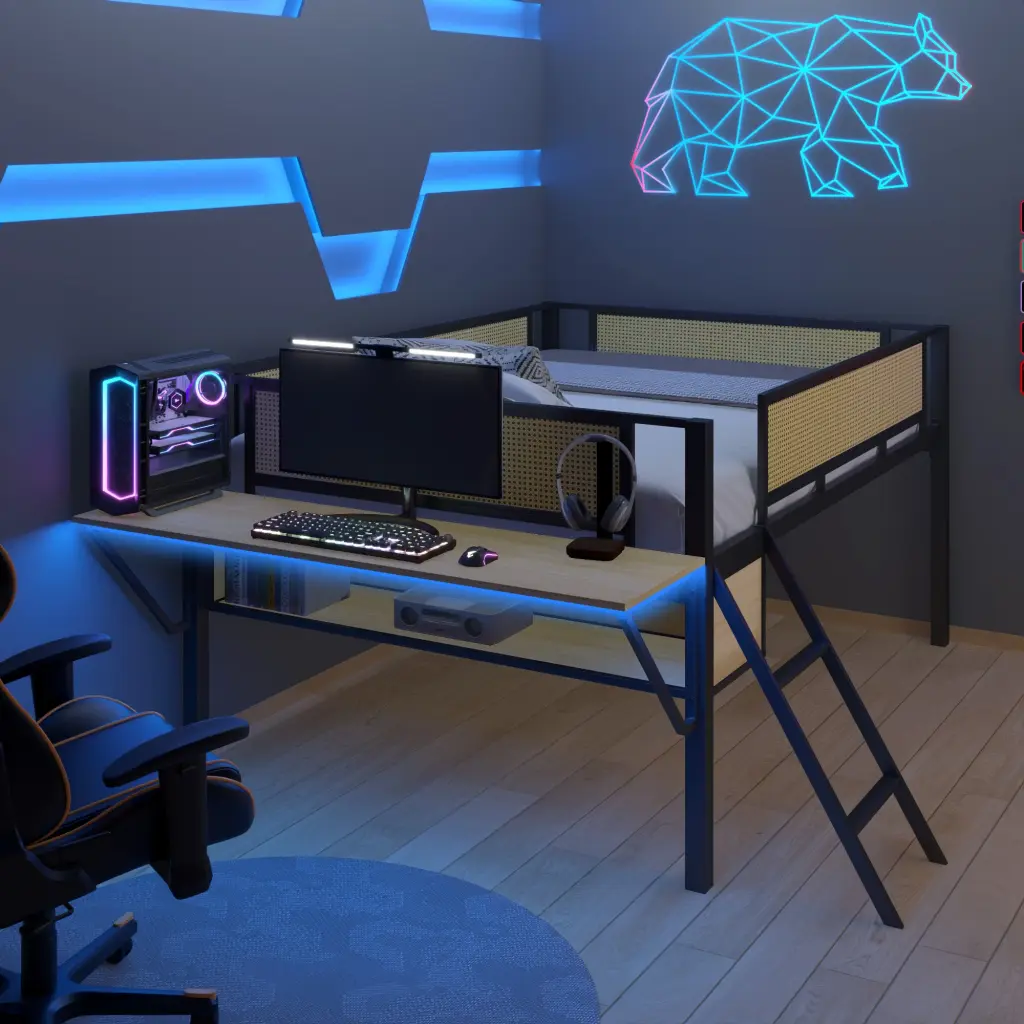 Single Metal Loft Bed Rectangular Desk and LED Lights Modern Bedrooms chuangyuan wood industry