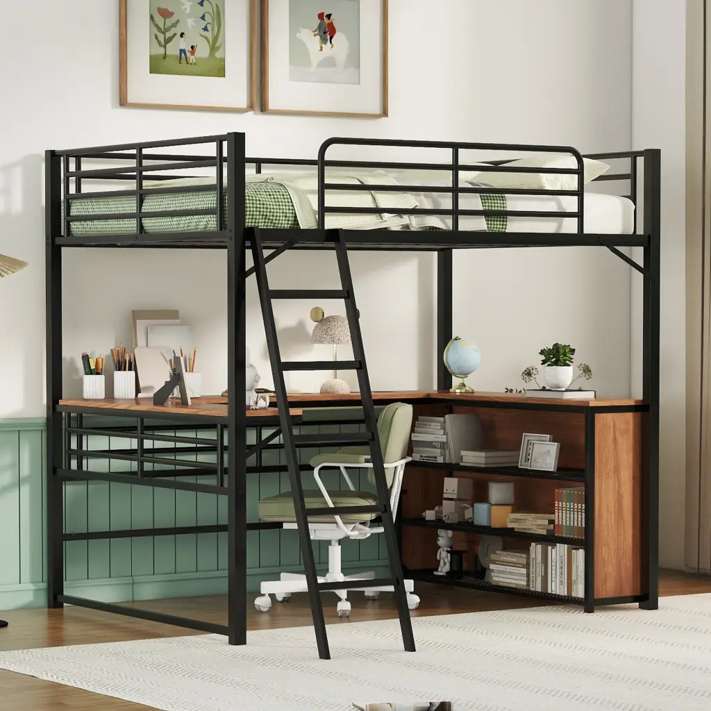 Full Size Metal Loft Bed 3 Shelves and L-Shaped Desk Space Saving lucky world