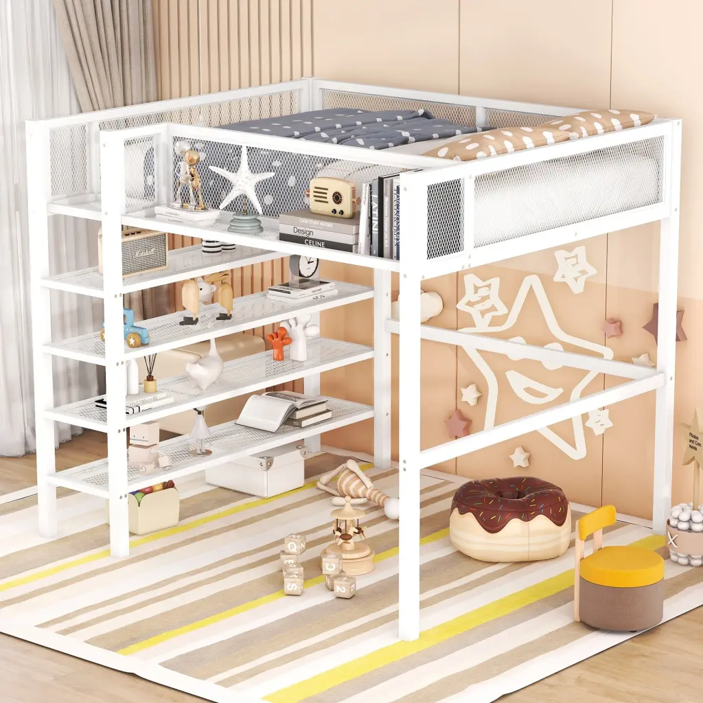 White Full Metal Loft Bed 4 Tier Shelves and Storage Space Saving lucky world