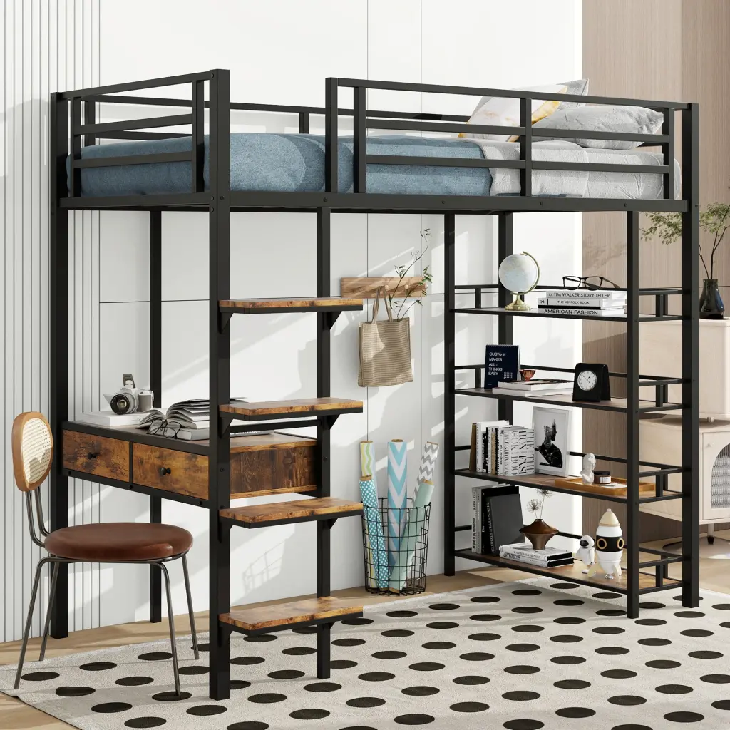 Twin Size Metal Loft Bed Desk And Shelves Black wm dreamland