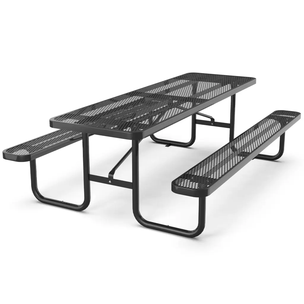 96 Inch Expanded Metal Rectangular Picnic Table Black Steel Outdoor Dining Table chery