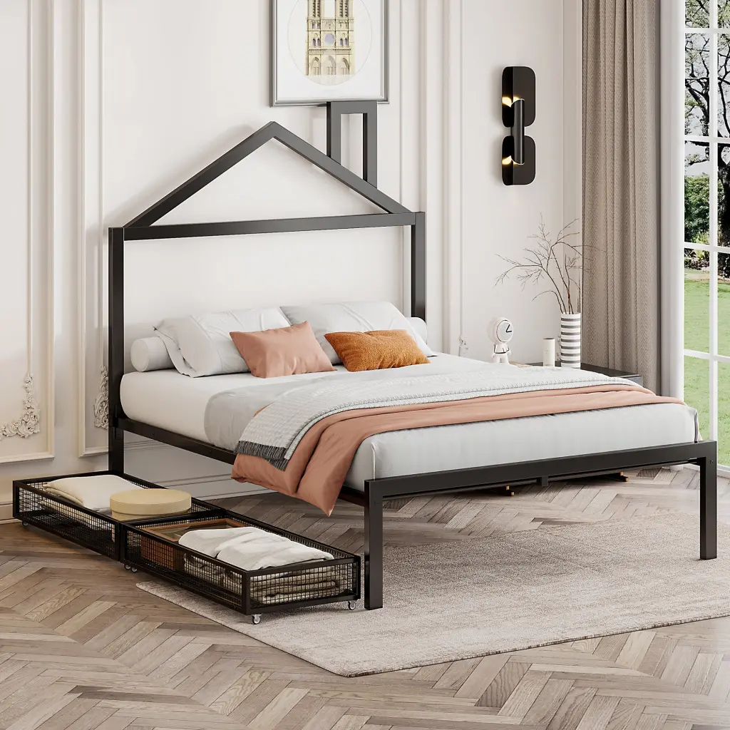 Full Dimensions Metal Platform Bed Two Drawers and Houtilize Influenced Headboard lucky world