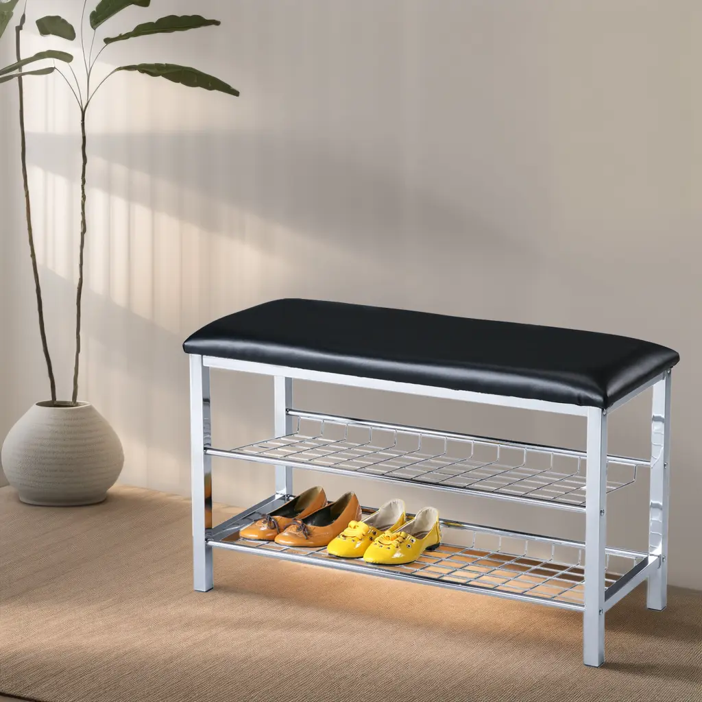 Metallic Shoe Bench Black Faux Hide Seat - Shiny Metal Entryway Bench hz