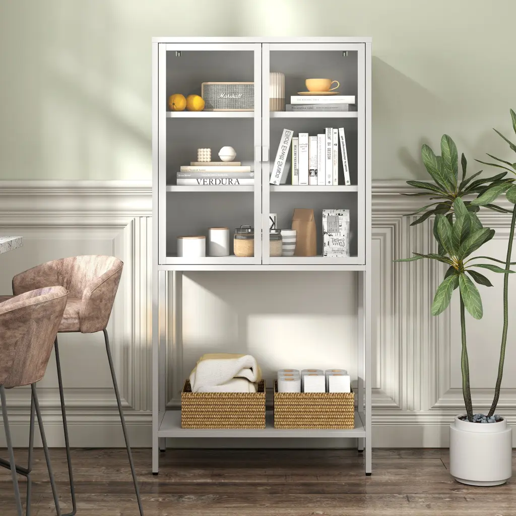 59 Inch Heavy Duty Metal Storage Cabinet Glass Doors makeace home furniture