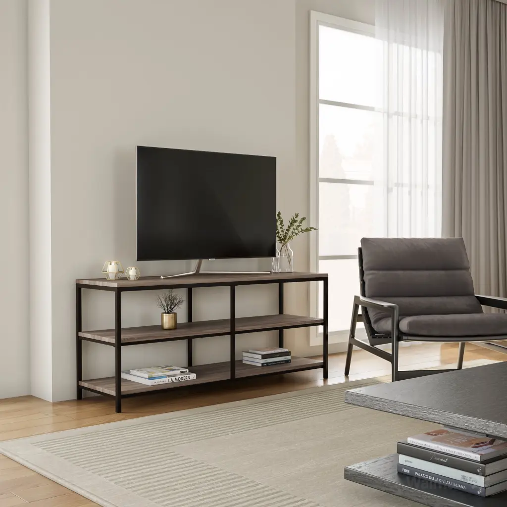 River Street Designs Sage 52 Metal Frame TV Stand Natural Black Modern TV Cabinet