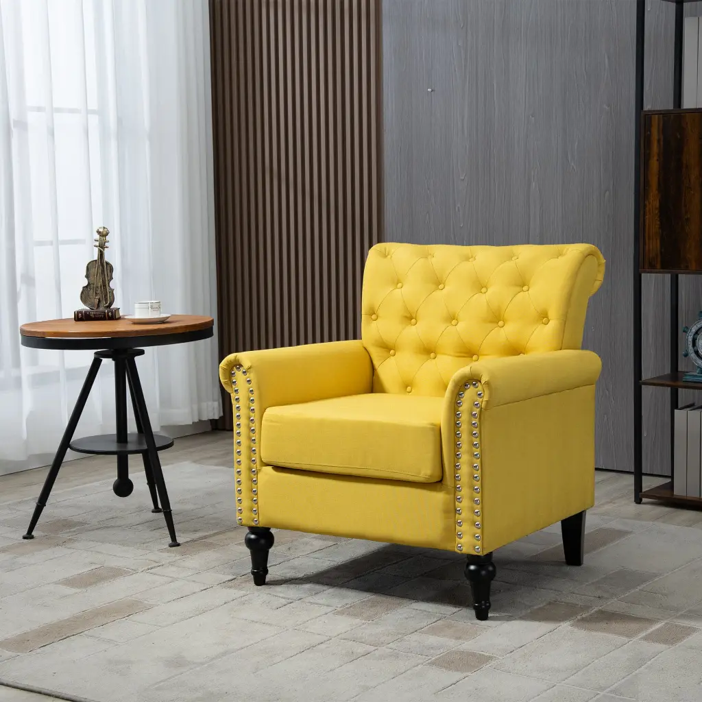 Mid Century Modern Accent Chair Linen Armchair Tufted Back Wood Legs aoao furniture-w1333