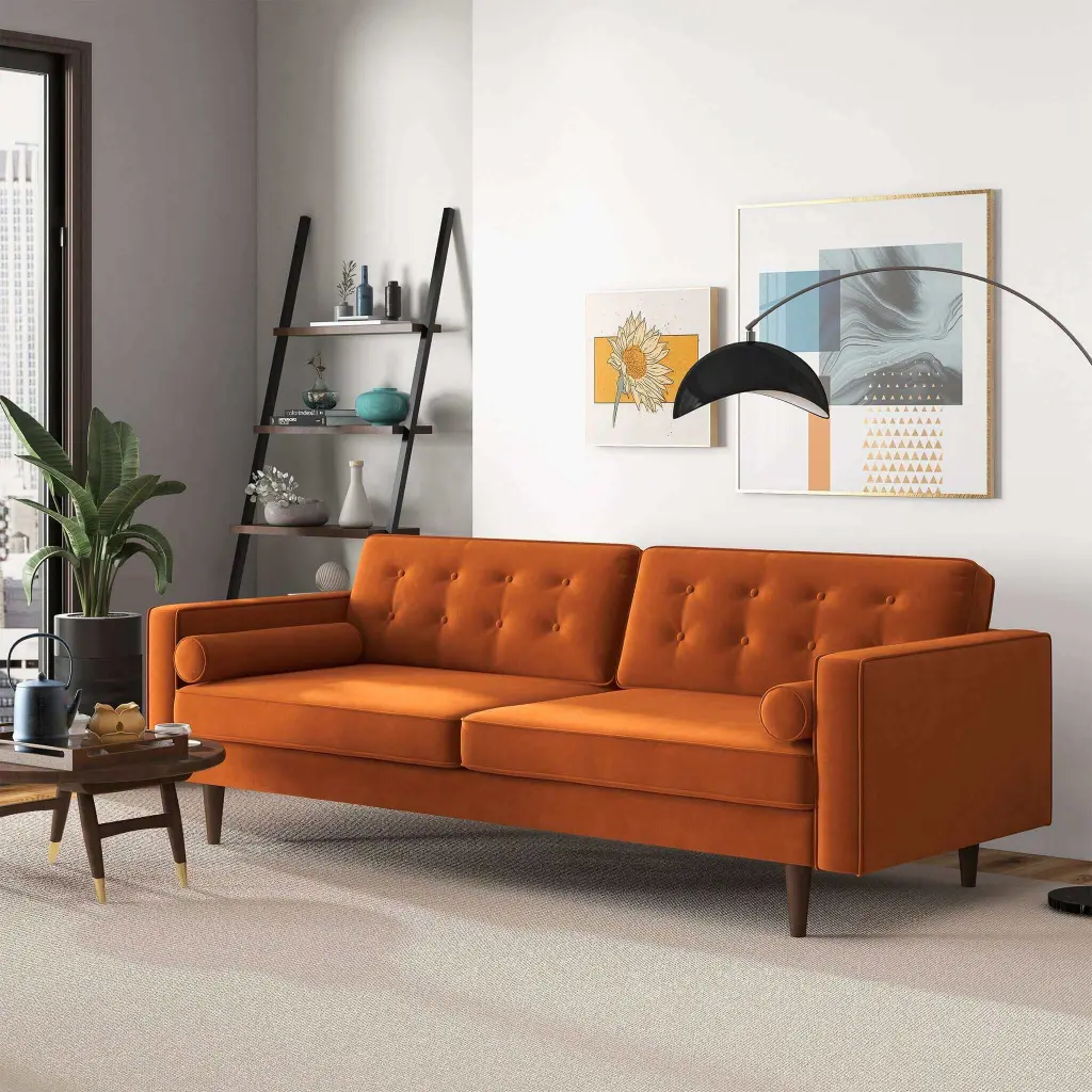 Casey Mid Century Modern Burnt Orange Velvet Sofa Living Room ashcroft furniture