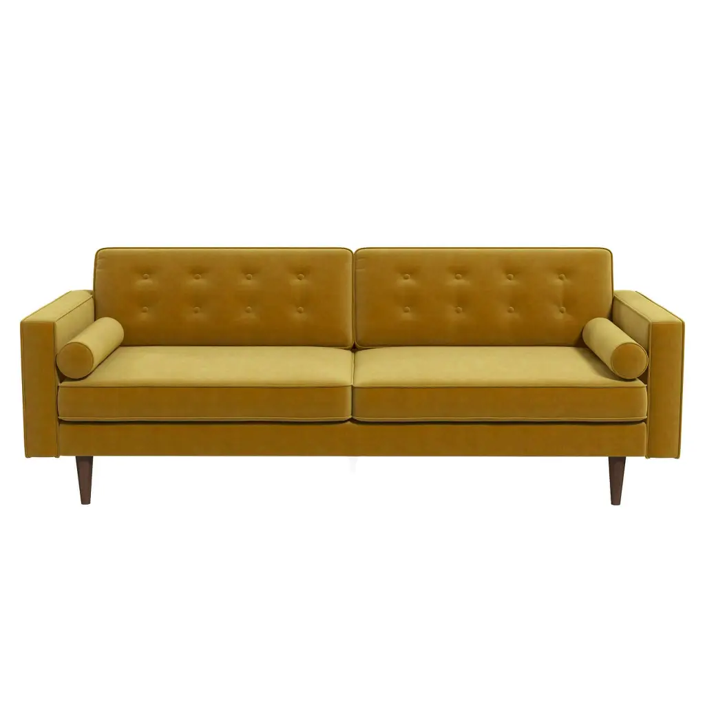 Casey Mid Century Modern Gold Velvet Sofa Yellow Wood Velvet 3 Seat Couch ashcroft furniture