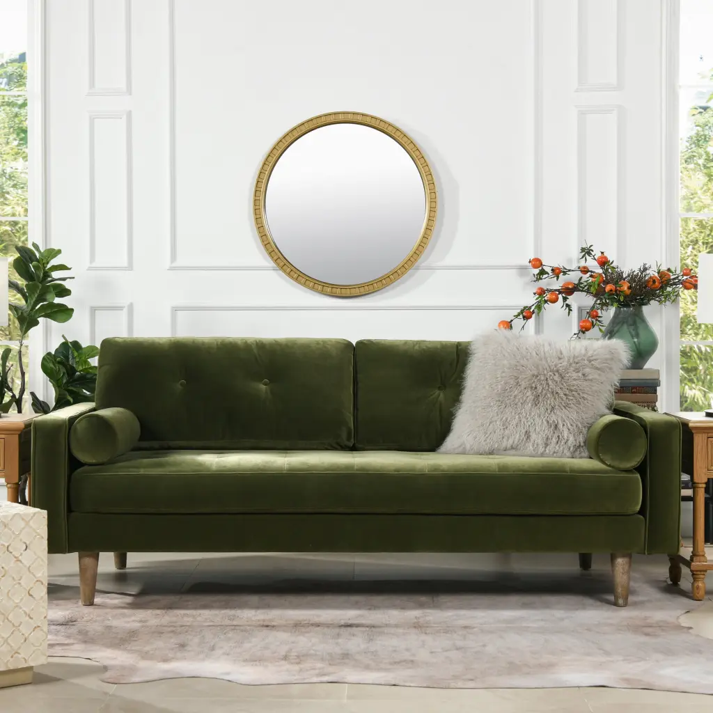 Nicholas 83.5 Inch Mid Century Modern Sofa Olive Green Velvet Upholstered Executive Comfort jennifer taylor home