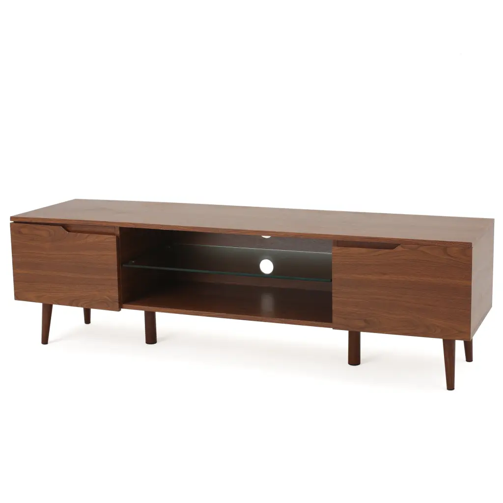 Cresent Mid-Century Modern TV Stand Glass Shelf Walnut Finish Best Selling Home Décor