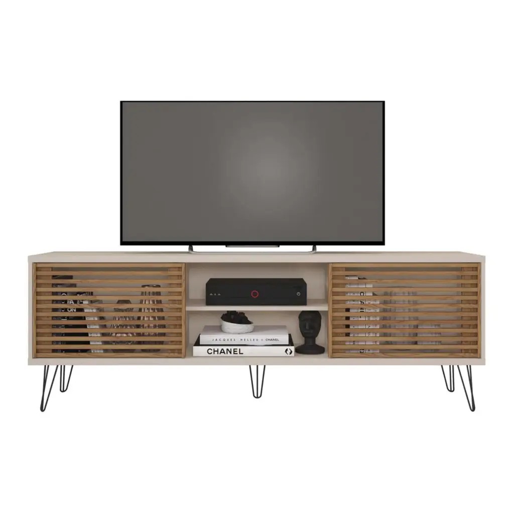 Frizz Mid-Century Modern TV Stand 70 Inch TVs Off White and Natural Oak Better Home Products