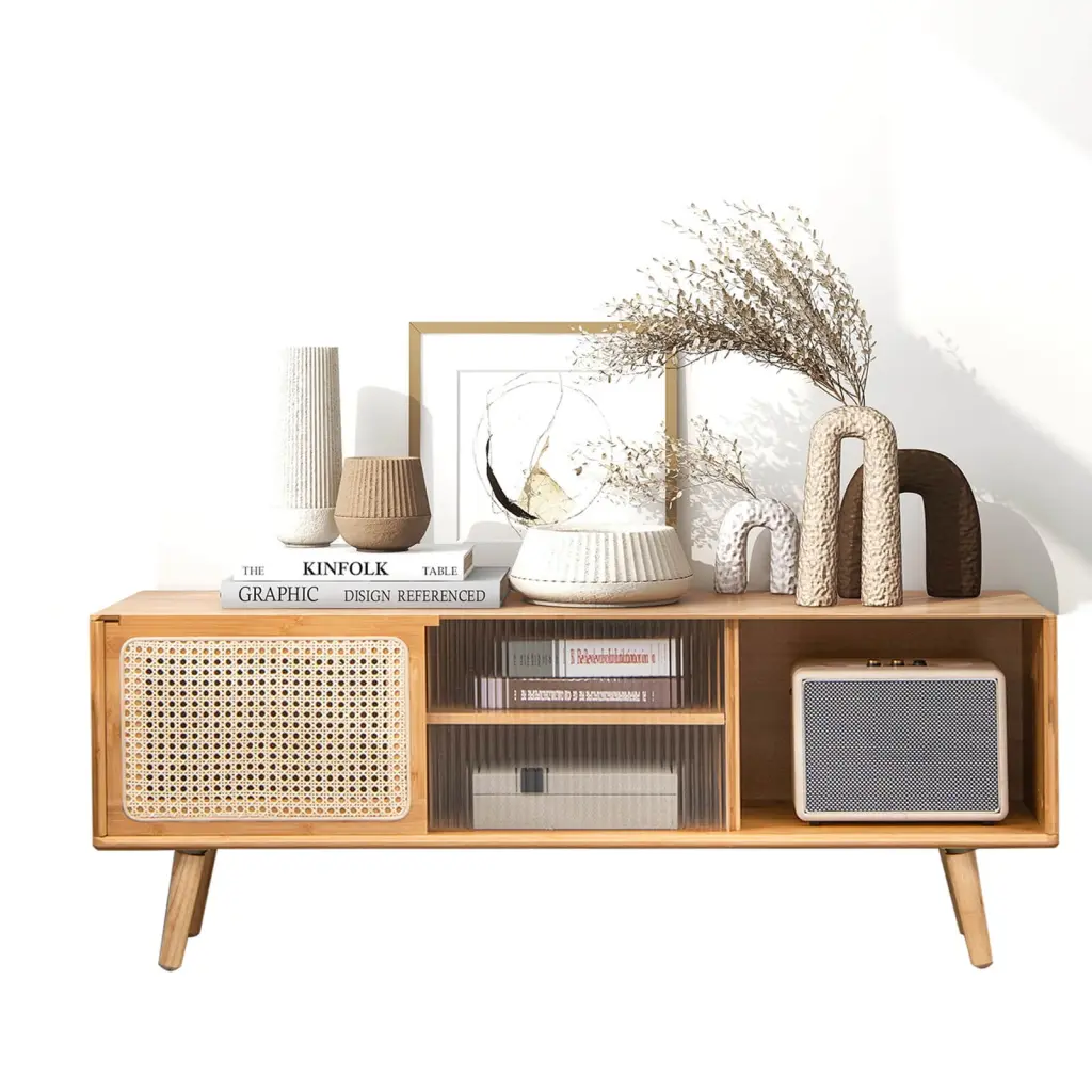 Coelon Mid Century Modern TV Stand 55 Inch TVs Bamboo and Rattan Design