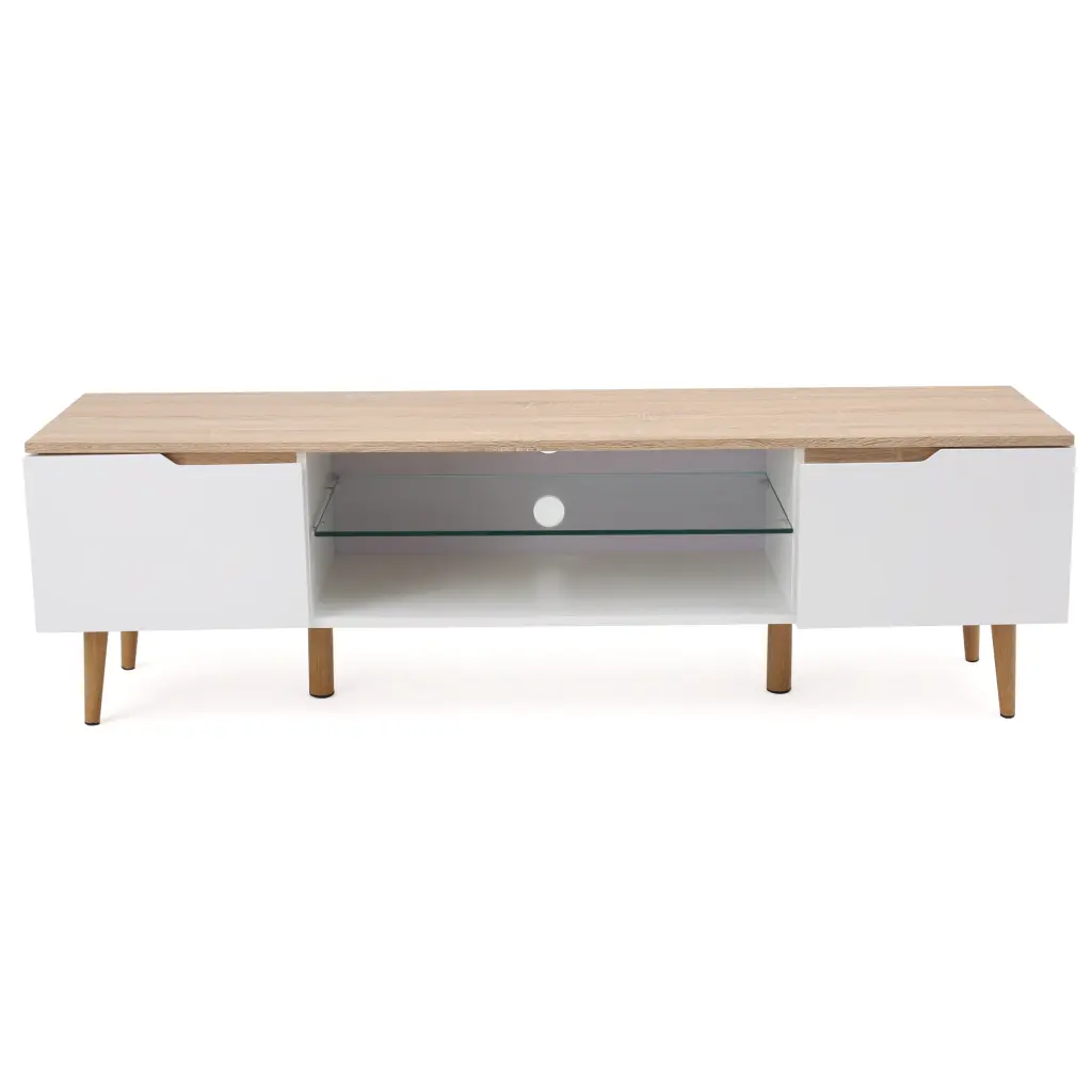 Aldrige Mid-Century Modern Two-Toned TV Stand Glass Shelf Oak and Matte White GDFSTUDIO