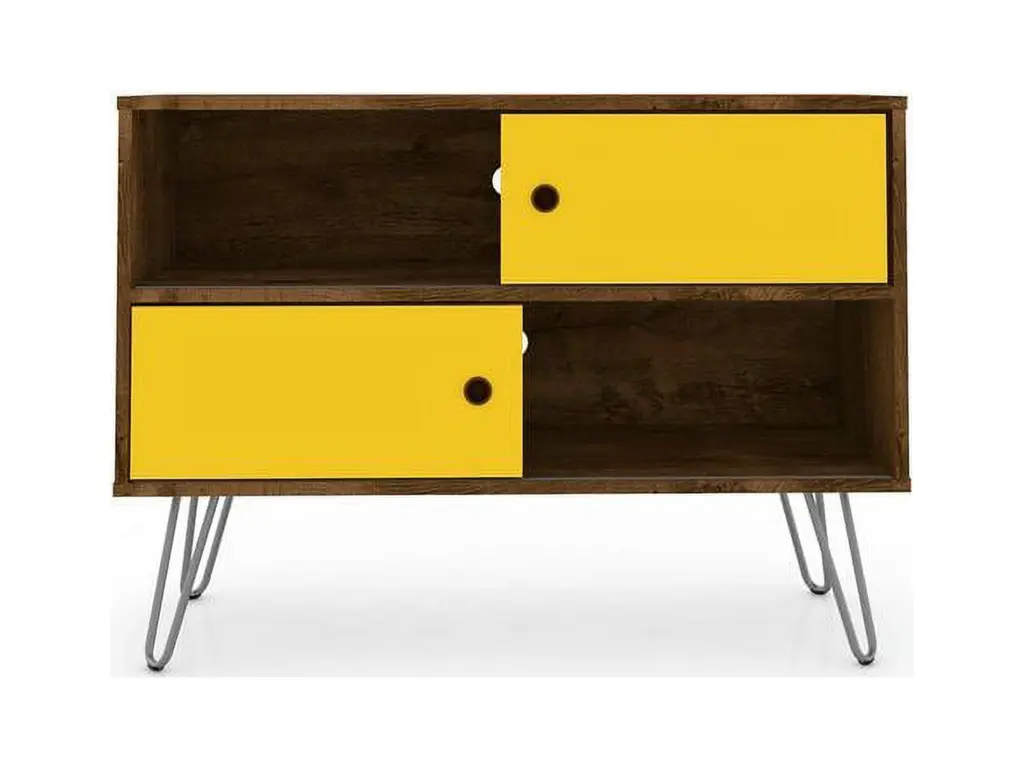 Manhattan Comfort Baxter Mid Century Modern 35.43 TV Stand 4 Shelves Rustic Brown and Yellow