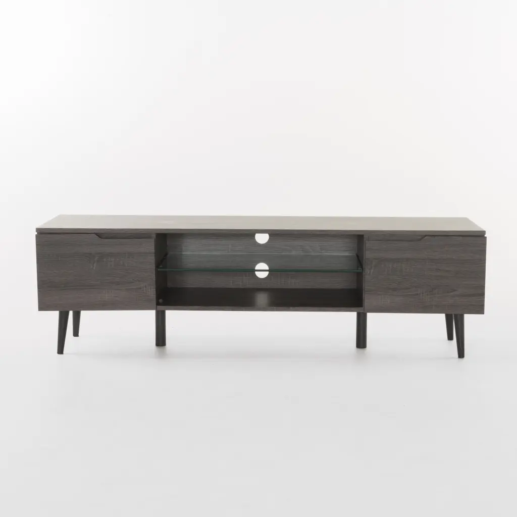 Noble House Cresent Mid-Century Modern TV Stand Glass Shelf Gray Finish