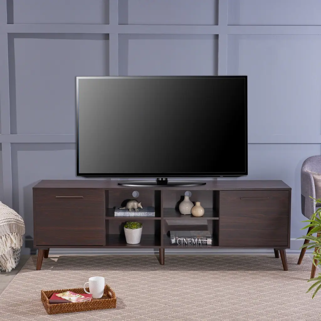 Noble House Donald Mid Century Modern Faux Wood Overlay TV Stand Dark Walnut