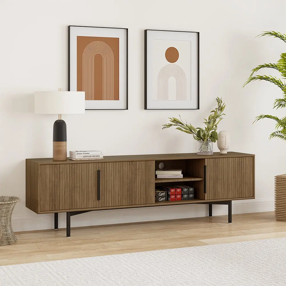 POVISON 78.7 Inch Mid-Century Modern TV Stand Sliding Doors and High Legs Entertainment Center