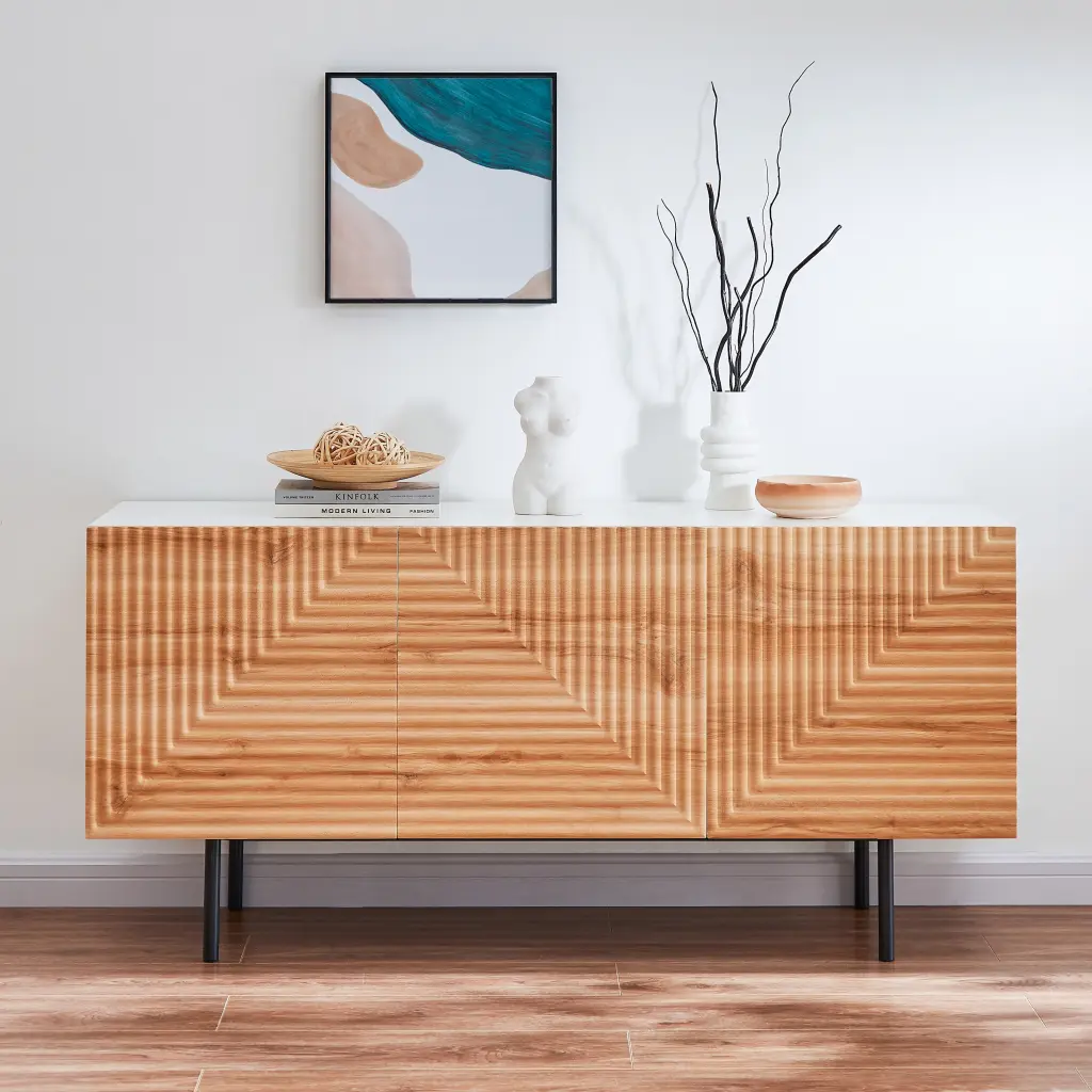 Roomfitters 65 Inch Mid Century Modern TV Stand Buffet Cabinet Sideboard Credenza Geometric Design