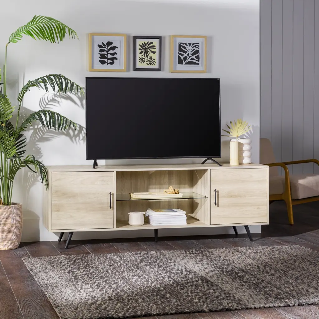 Walker Edison Thea Mid-Century Two-Door TV Stand 80 Inch TVs Birch Finish
