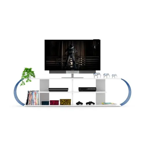 Furnis Home Store Mid Century Modern 68 Inch TV Stand 4 Open Shelves - White and Blue Entertainment Center YASI
