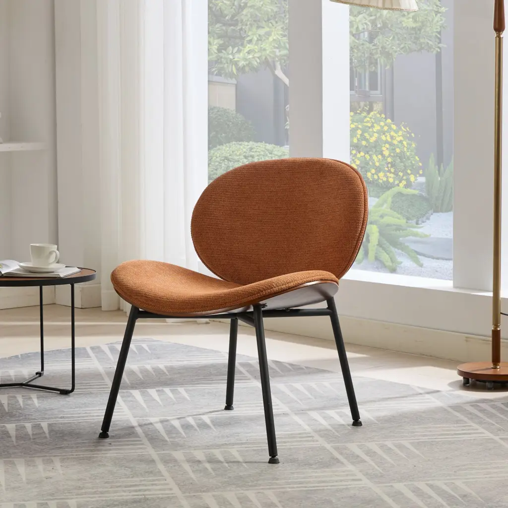 Mid Century Modern Shell Chair Single Side Chair Tripod Orange Fabric Upholstered a-a furniture