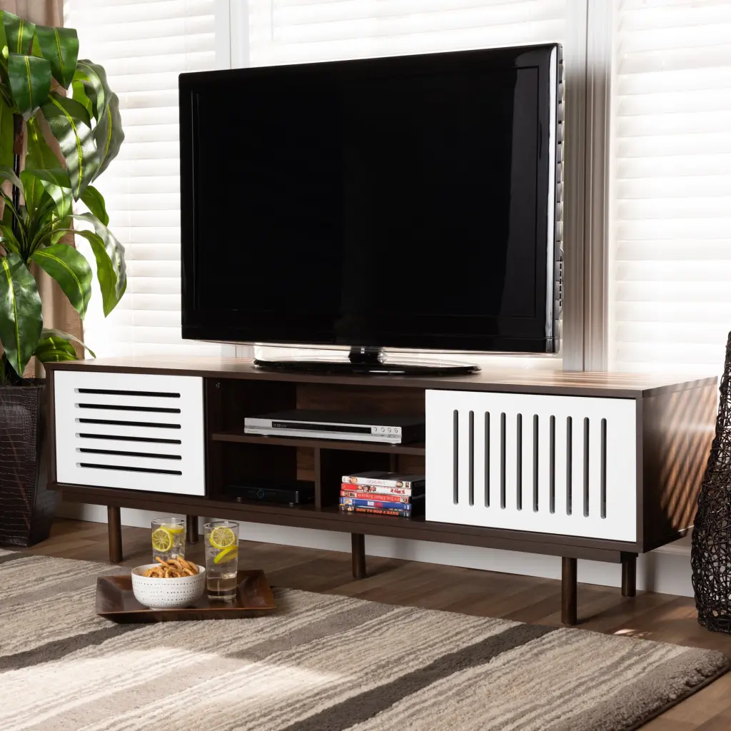 Baxton Studio Meike Mid-Century Modern Two-Tone Walnut Brown and White TV Stand
