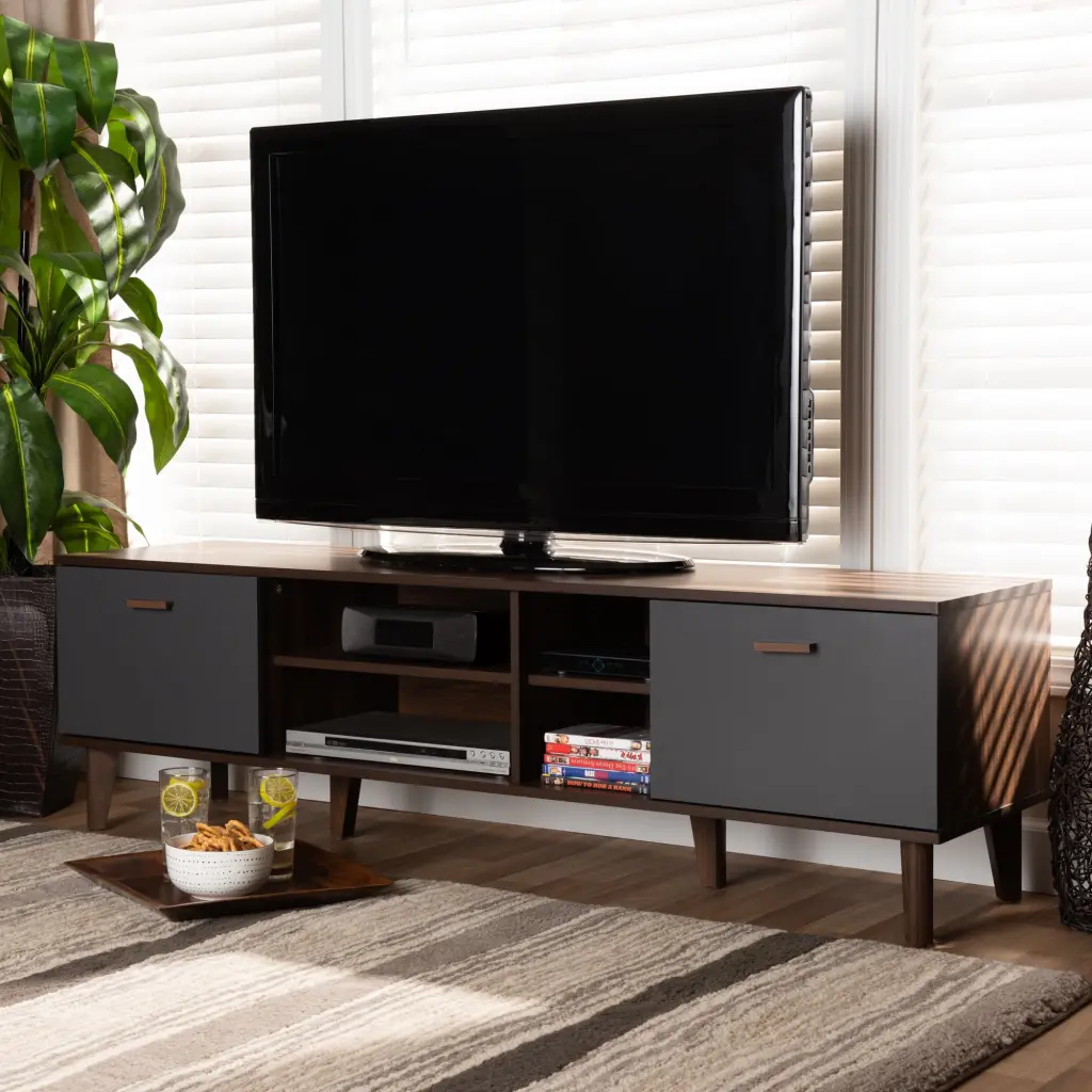 Baxton Studio Moina Mid-Century Modern Two-Tone Walnut Brown and Grey TV Stand