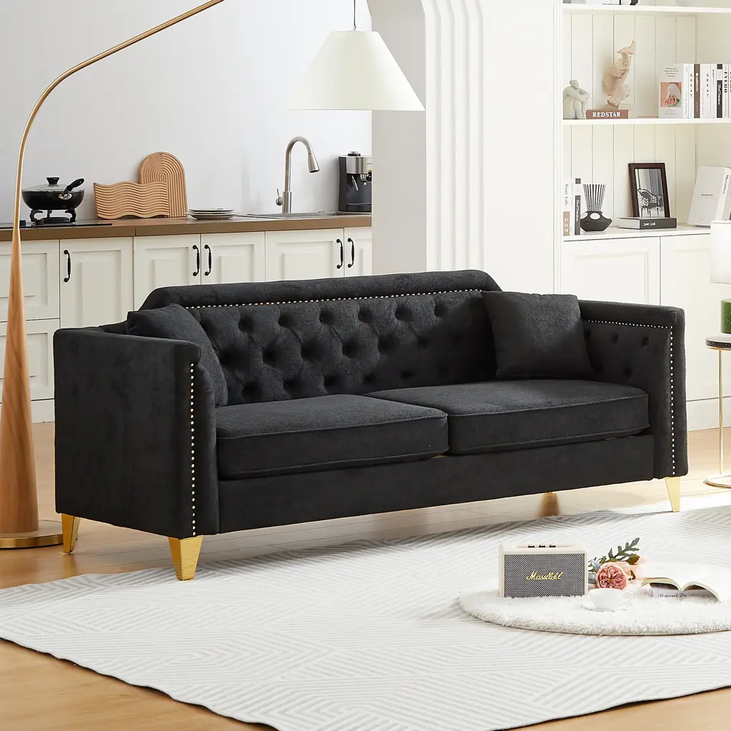 81" Mid Century Modern Sofa Chenille Fabric Pull Buckle Design Living Room Furniture fx furniture