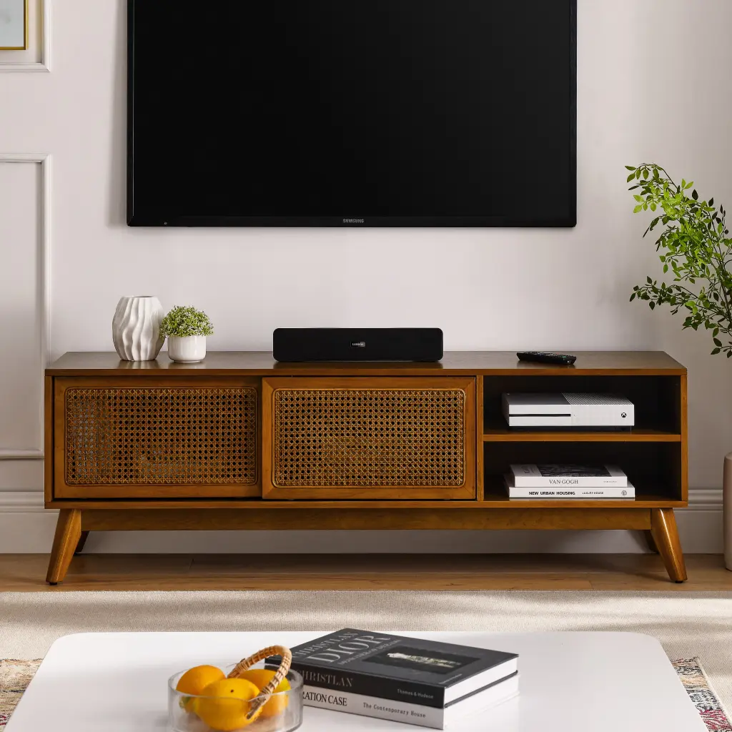 59 Inch Mid Century Modern Rattan TV Stand 65 Inch TVs Entertainment Center haiyi furniture