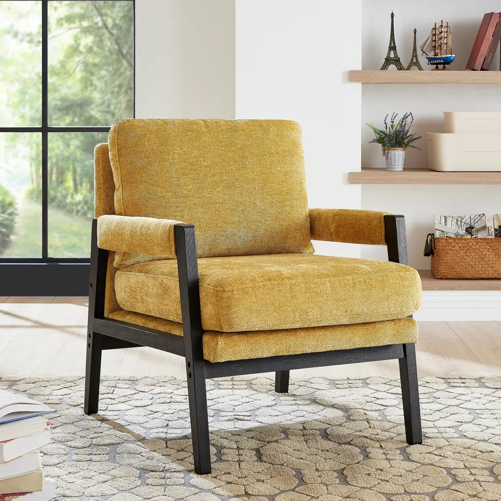 Kelly Mid Century Modern Chenille Upholstered Accent Armchair Yellow Living Room hz