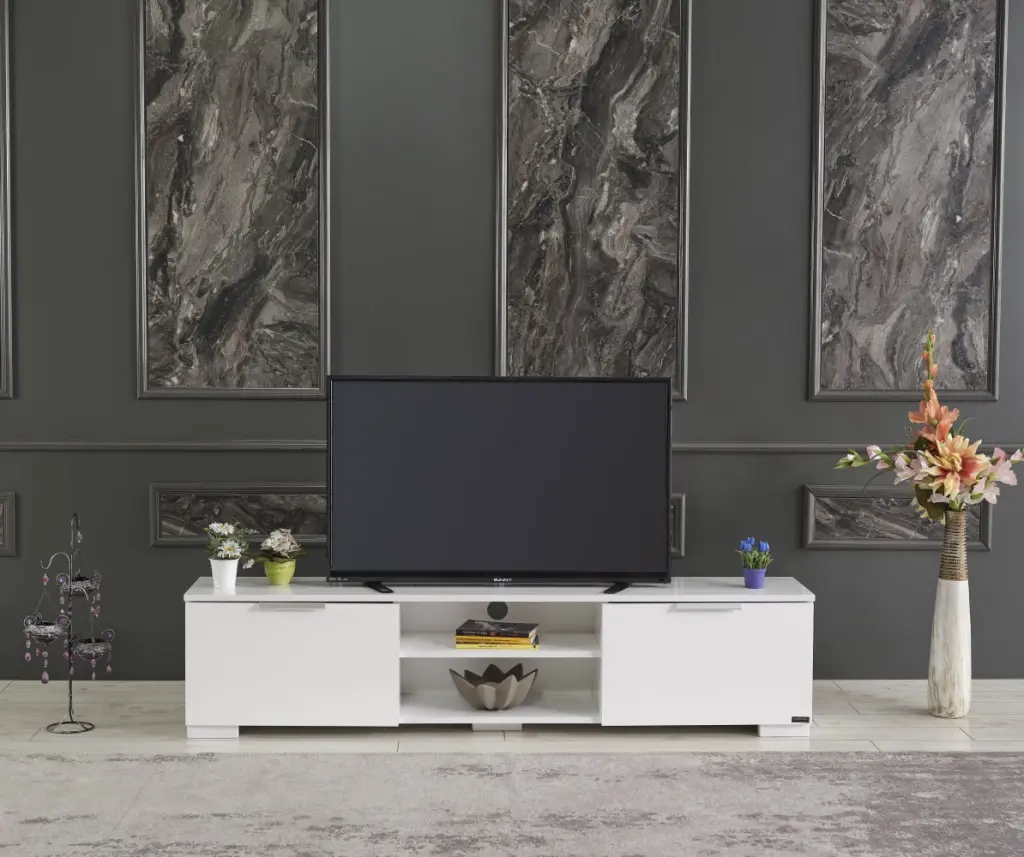 FurnisHome April Mid Century Modern White 66 Inch TV Stand 2 Door Cabinets and 2 Shelves OMCCHK