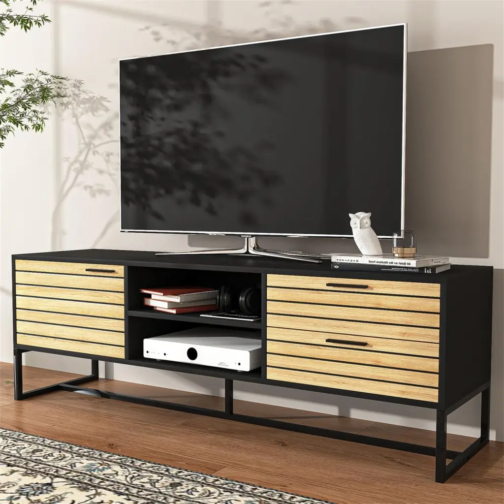 Resenkos Mid-Century TV Stand 65 Inch TV Natural Accent Drawer and Door Black Metal Frame