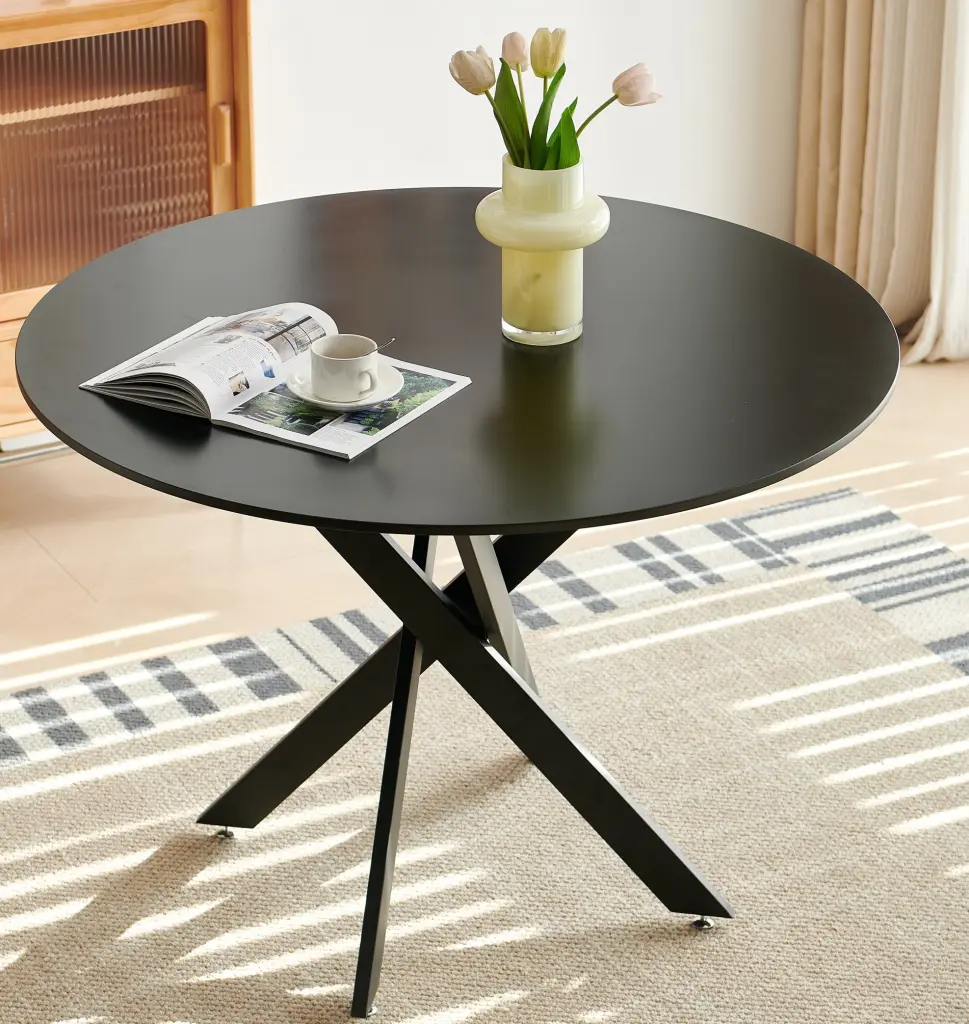 42.1" Black Mid Century Dining Table 4-6 People Round Top rnb