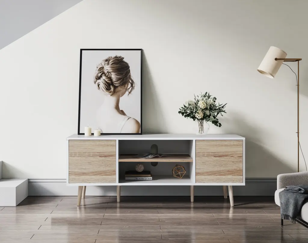 Mid Century Modern White TV Stand Cabinet and Shelf Living Room Wampat