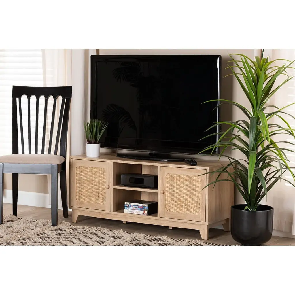 Baxton Studio Elsbeth Mid-Century Modern TV Stand Light Brown Wood and Rattan Doors Wholesale Interiors