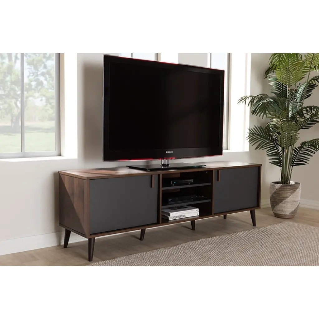 Baxton Studio Samuel Mid-Century Modern Brown and Dark Grey TV Stand Wholesale Interiors