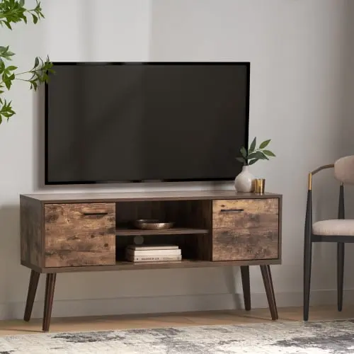 Mid Century Modern TV Cabinet 40-49 Inch TVs Storage and Adjustable Hinge Retro Brown YASI