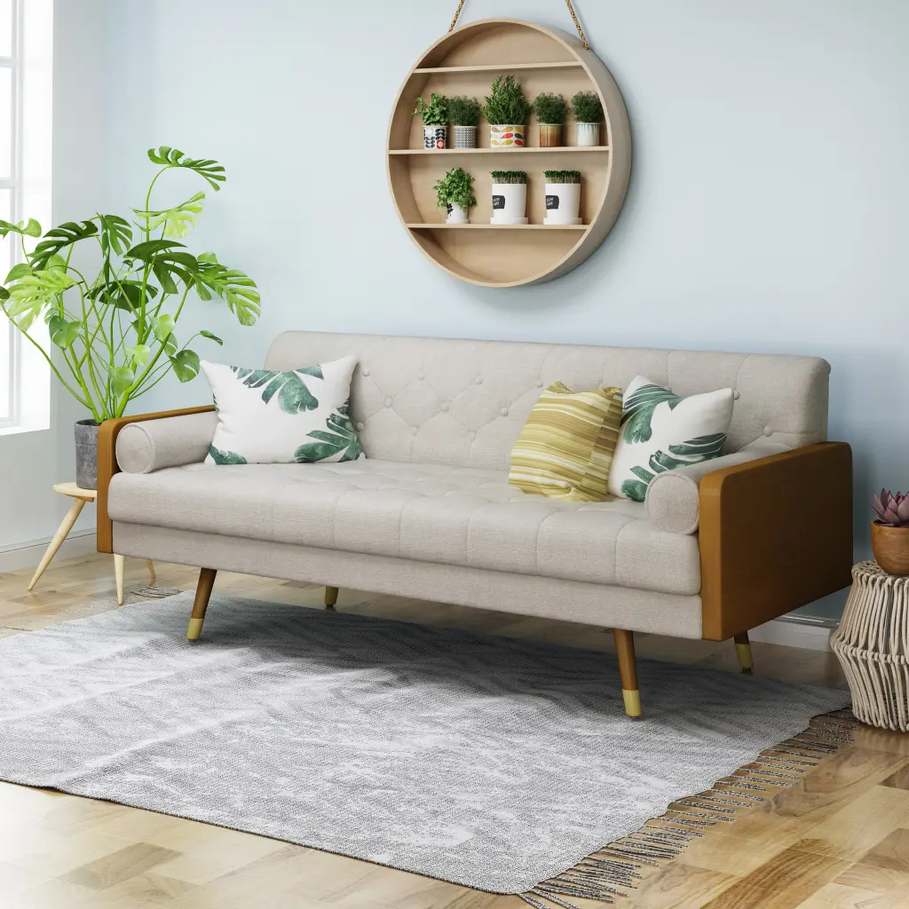 Aidan Mid Century Modern Tufted Beige Sofa Living Room Comfortable Cushions nh-inmax
