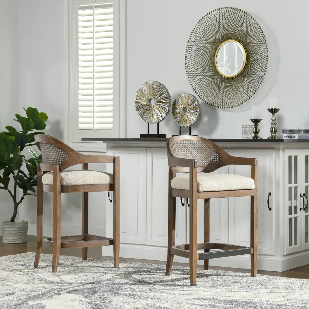 Americana Mid Century Modern 26 Inch Cane Back Counter Stool Taupe Beige jennifer taylor home