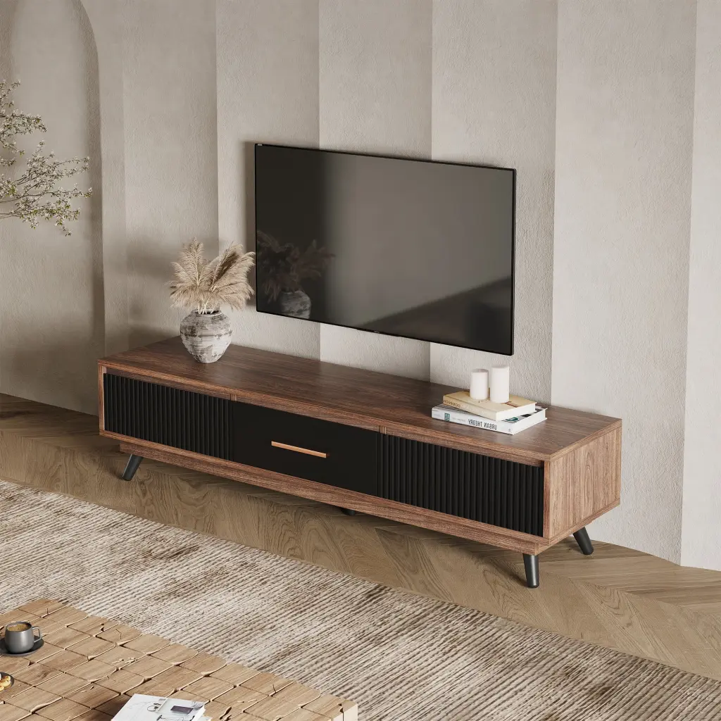Dextrus 65 Inch Mid Century TV Stand - Black and Walnut Entertainment Center TVs up to 75 Inches