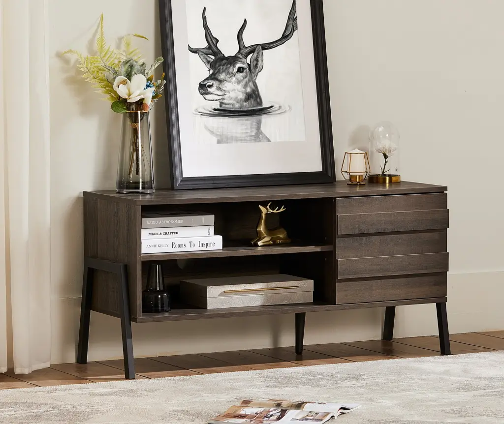 FITUEYES Mid-Century Rustic Oak TV Stand 50 Inch Flat Screens Cabinet and Shelves