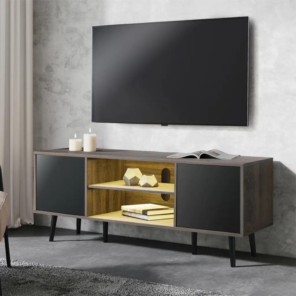 LED Mid Century Modern TV Stand 65 Inch Flat Screen Wood TV Cabinet Media Console Storage Black Brown FITUEYES