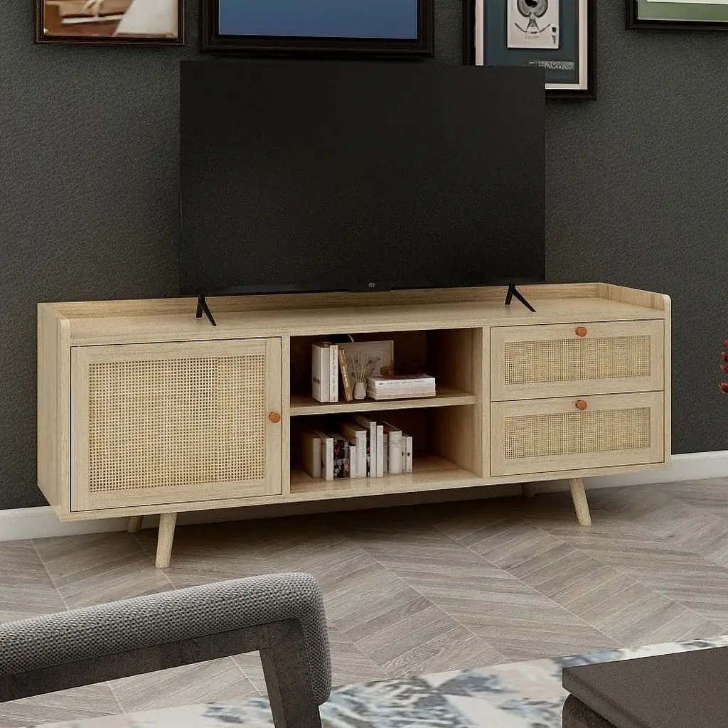 Mid Century TV Stand Rattan Doors Spacious Cabinets Adjustable Shelf Wood Media Console Table OMCCHK