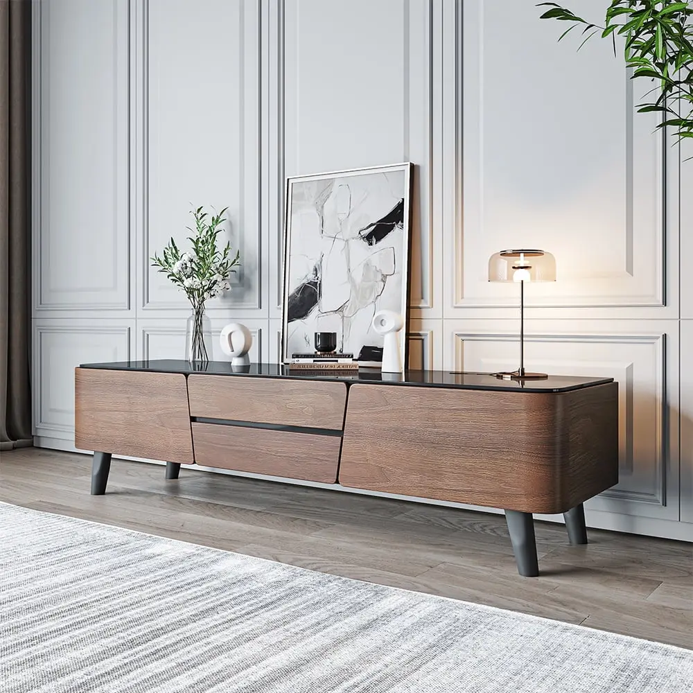 POVISON Mid-Century Modern TV Stand Wood Cabinet Drawers Black Tempered Glass MDF Dark Wood 64.57