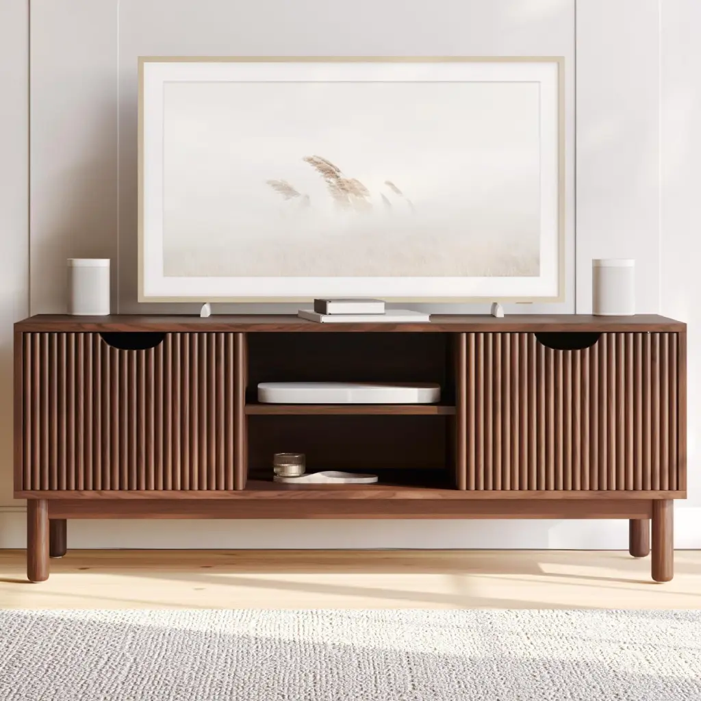 Low Profile Fluted TV Stand Mid Century Media Console Walnut Finish Living Room Furniture Stead
