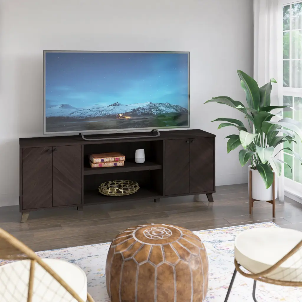 Twin Star Home Mid-Century Modern TV Stand TVs up to 80 inches Open Media Shelf Stromburg Oak