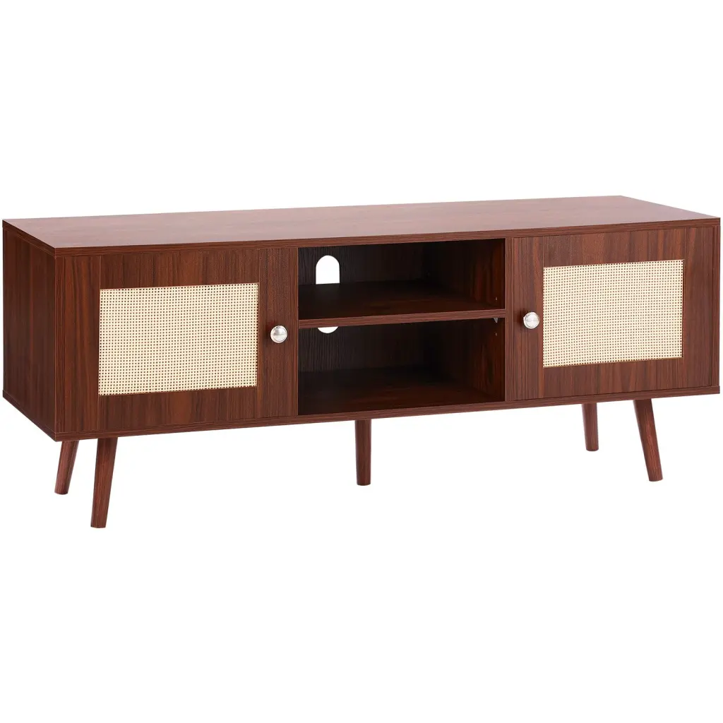 VEVOR Rattan TV Stand Boho Mid Century Modern Cabinet 55 Inch TV Adjustable Shelves