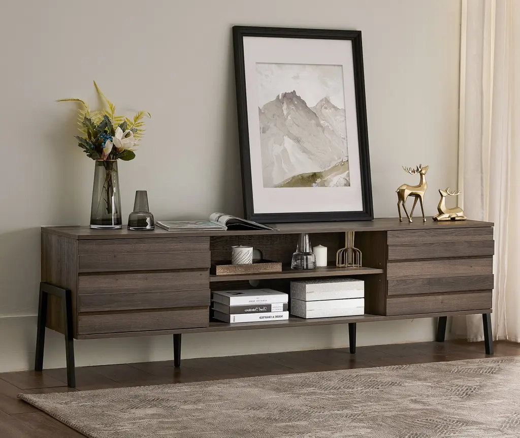 Mid-Century Retro TV Stand 75 Inch TV Wood Entertainment Center Shelf Modern Rustic Oak Wampat