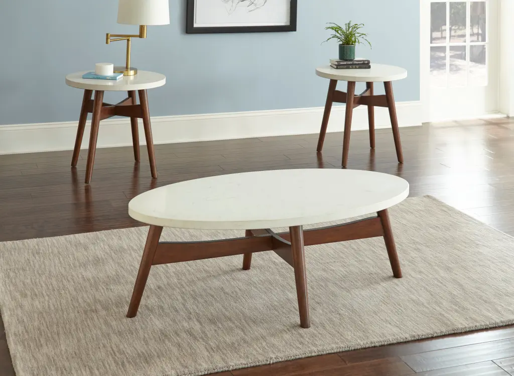 Mid Century Modern Cocktail Table Natural Cherry Legs and White Silverstone Top steve silver furniture