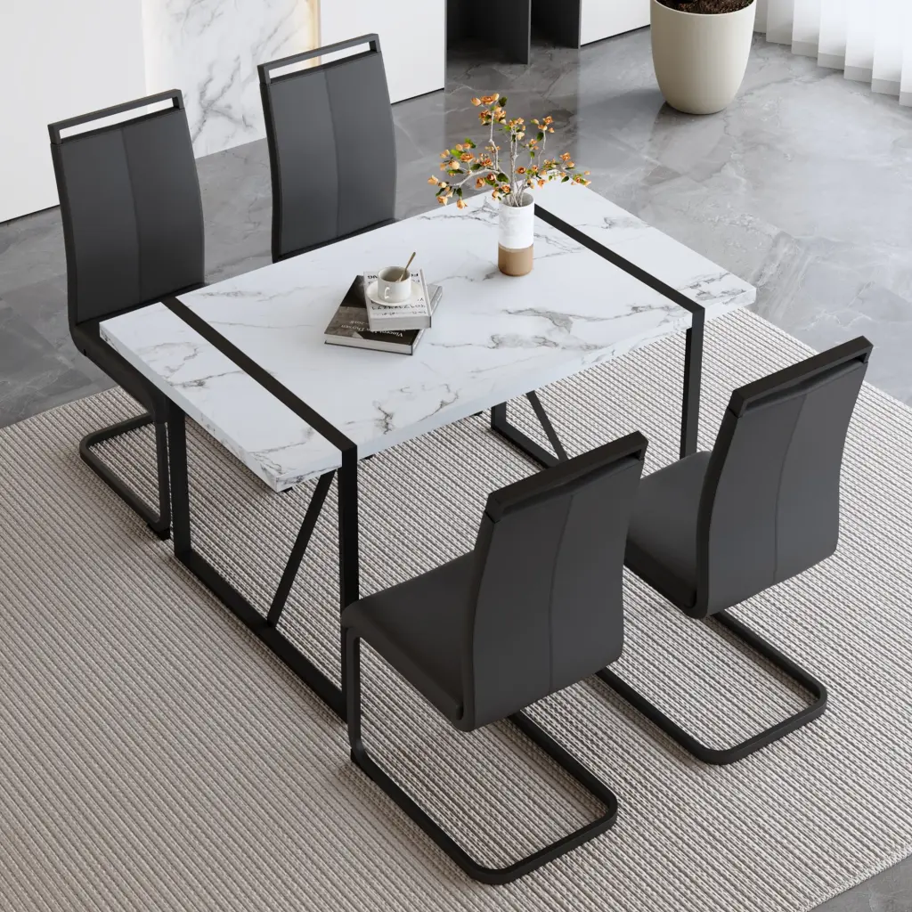 Modern Minimalist White Stone Veined MDF Dining Table And Chair Set droom w-1151